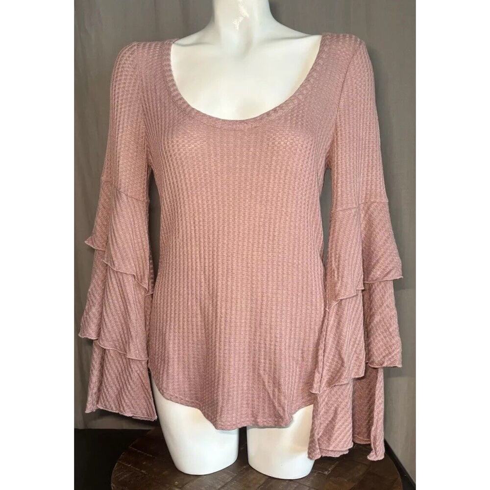 NWT Chaser Anthropologie Pink Soft Waffle Thermal Bell Sleeve Top Size Medium